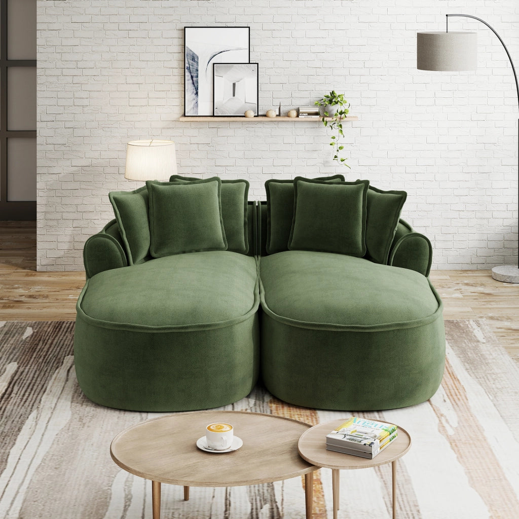 Divano modulare trasformabile con chaise longue profonda e cuscini, design senza struttura in ciniglia verde
