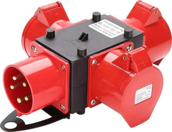 Distributore di corrente per cantiere di costruzione, IP44, scatola di connessione CEE a 5 poli con coperchi di chiusura a sicurezza per cantiere, 3 x CEE 400V/32A