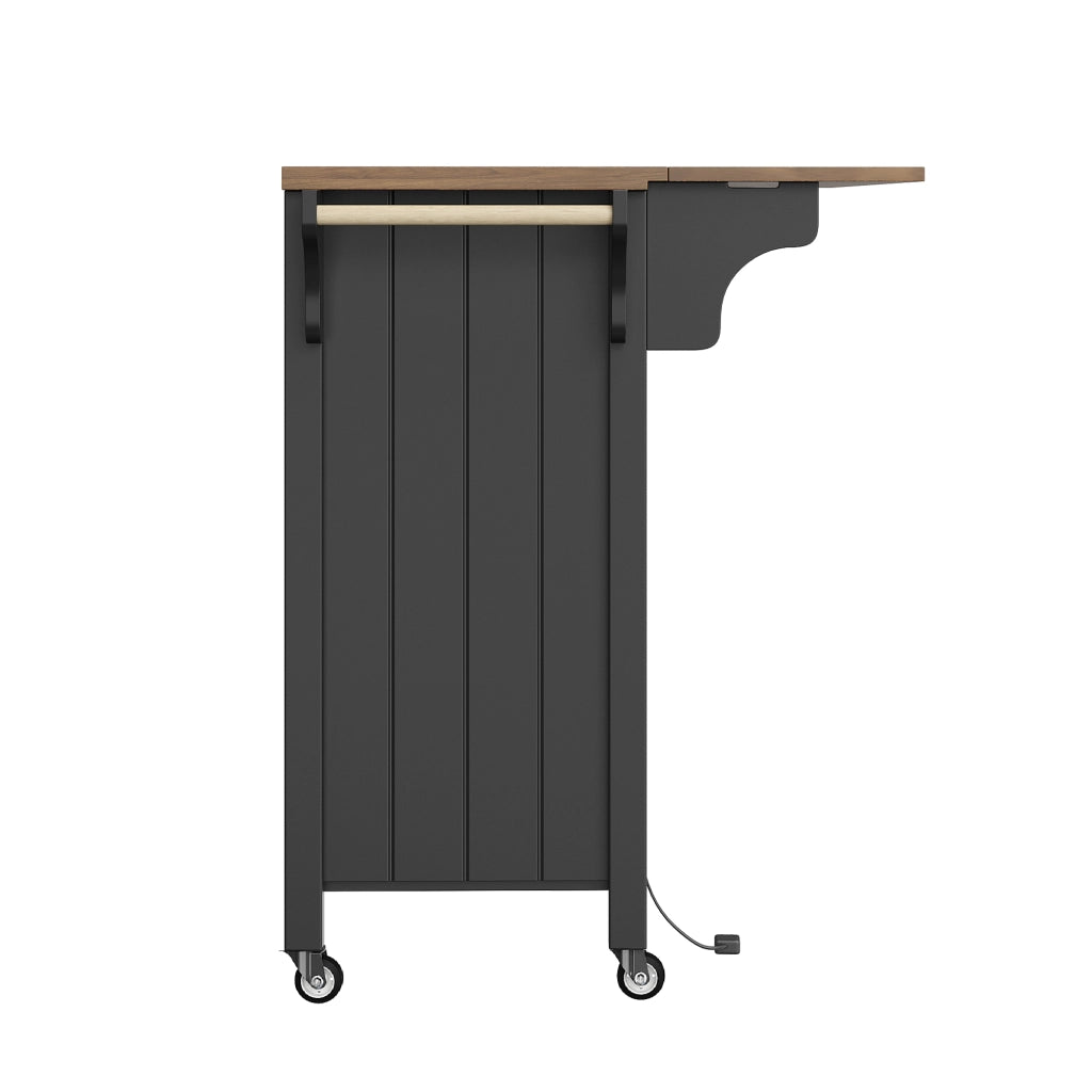 Carrello da cucina con piano pieghevole; 2 cassetti; anta in vetro ondulato; LED; ruote e portaasciugamani nero