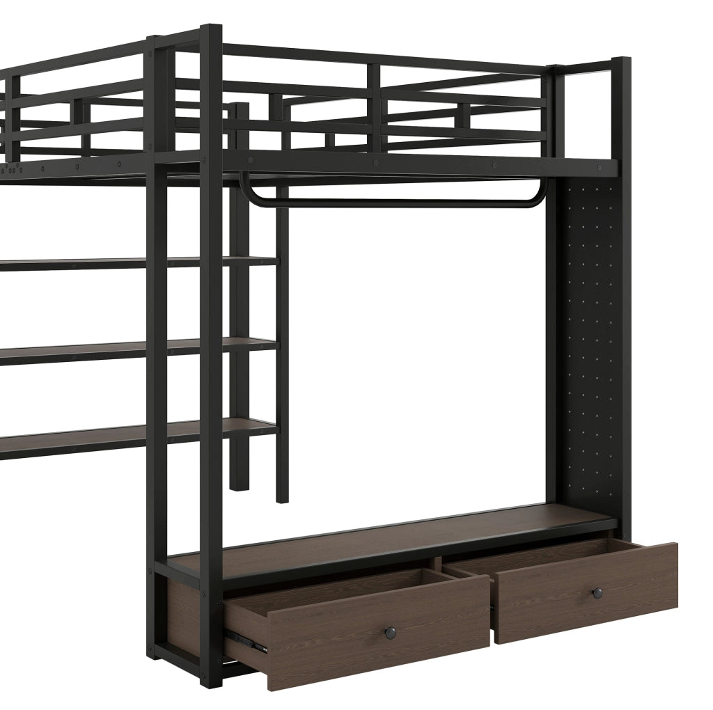 Letto a soppalco in metallo 140x200 nero con armadio aperto, ripiani, pannello forato e illuminazione LED