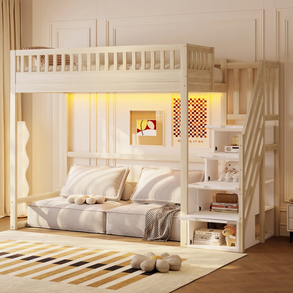 Letto a soppalco con scala reversibile con contenitore LED in legno