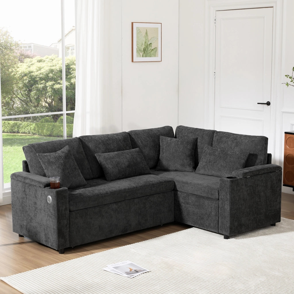 Divano letto angolare 206,5x141 cm con contenitore e USB in ciniglia grigio scuro
