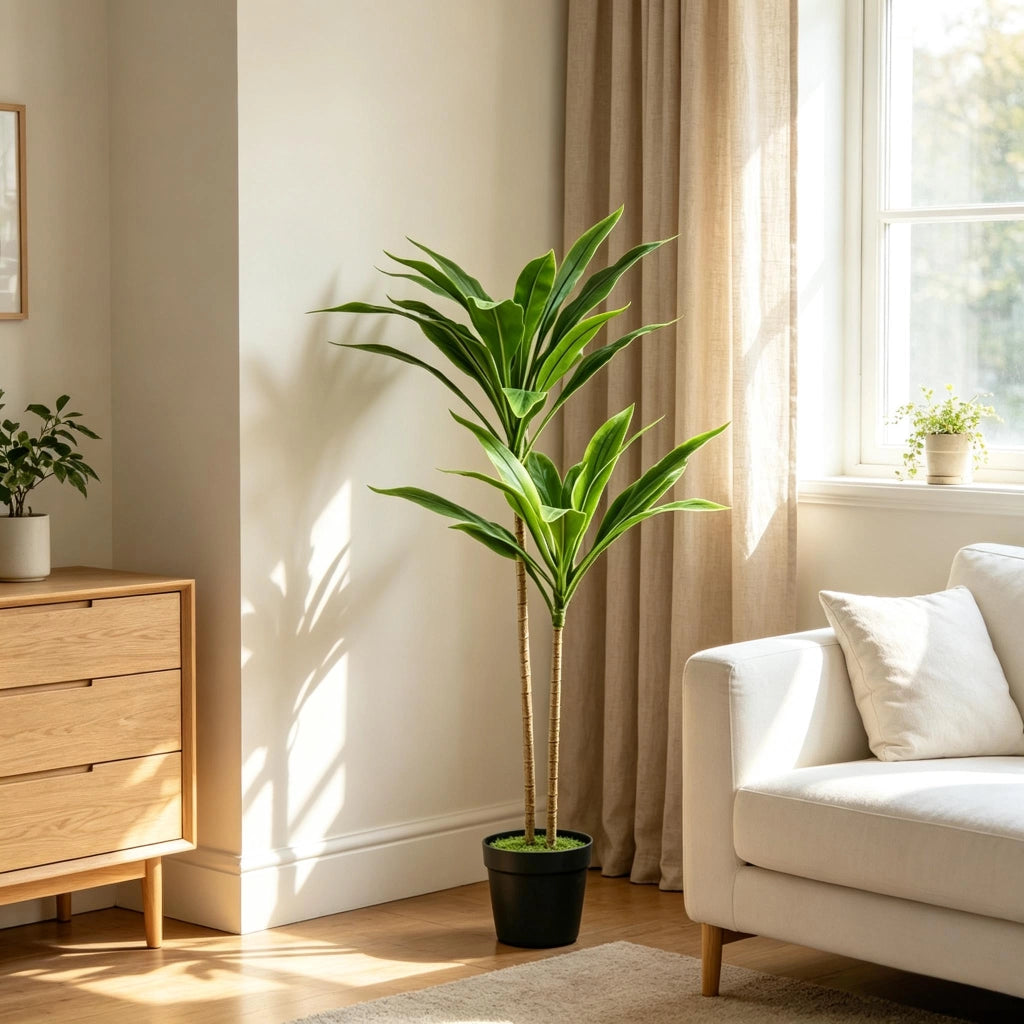 Pianta artificiale di cordyline 90 cm con 29 foglie in PEVA e vaso interno cementato verde per casa e ufficio