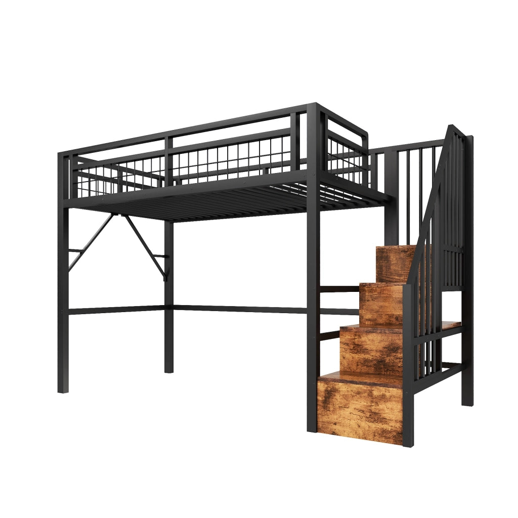 Letto a soppalco 90x200 cm nero con struttura in ferro; scala contenitore e luce LED