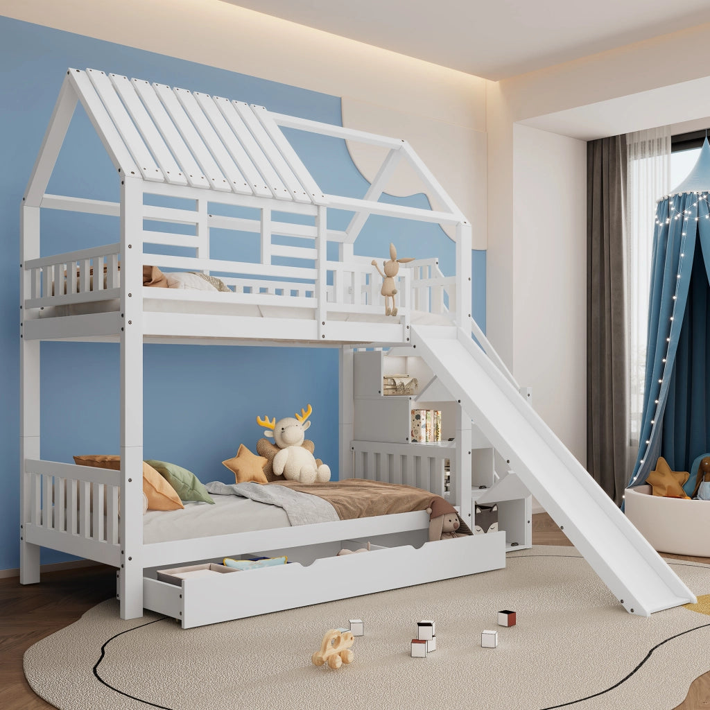Letto A Castello A Casetta 90x200 Cm Con Scala E Scivolo; Legno Di Pino E MDF; Bianco