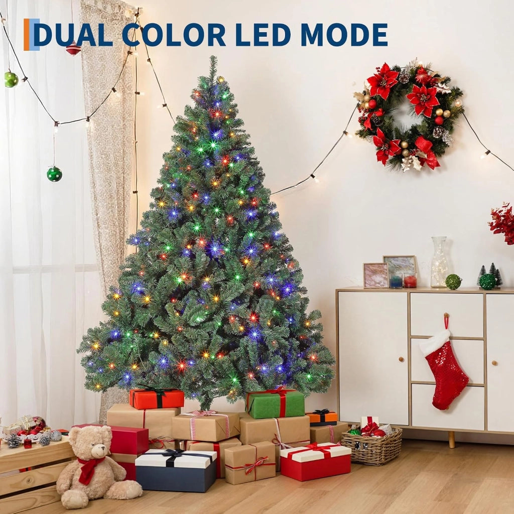 Albero di Natale Artificiale 140cm con 150 Luci 380 Rami Diametro 92cm e Base Metallica