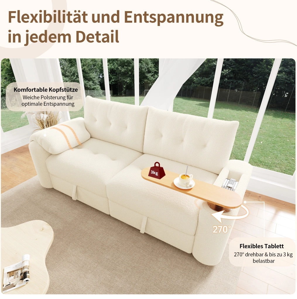 Divano modulare 2 posti in teddy beige con contenitore e tavolino