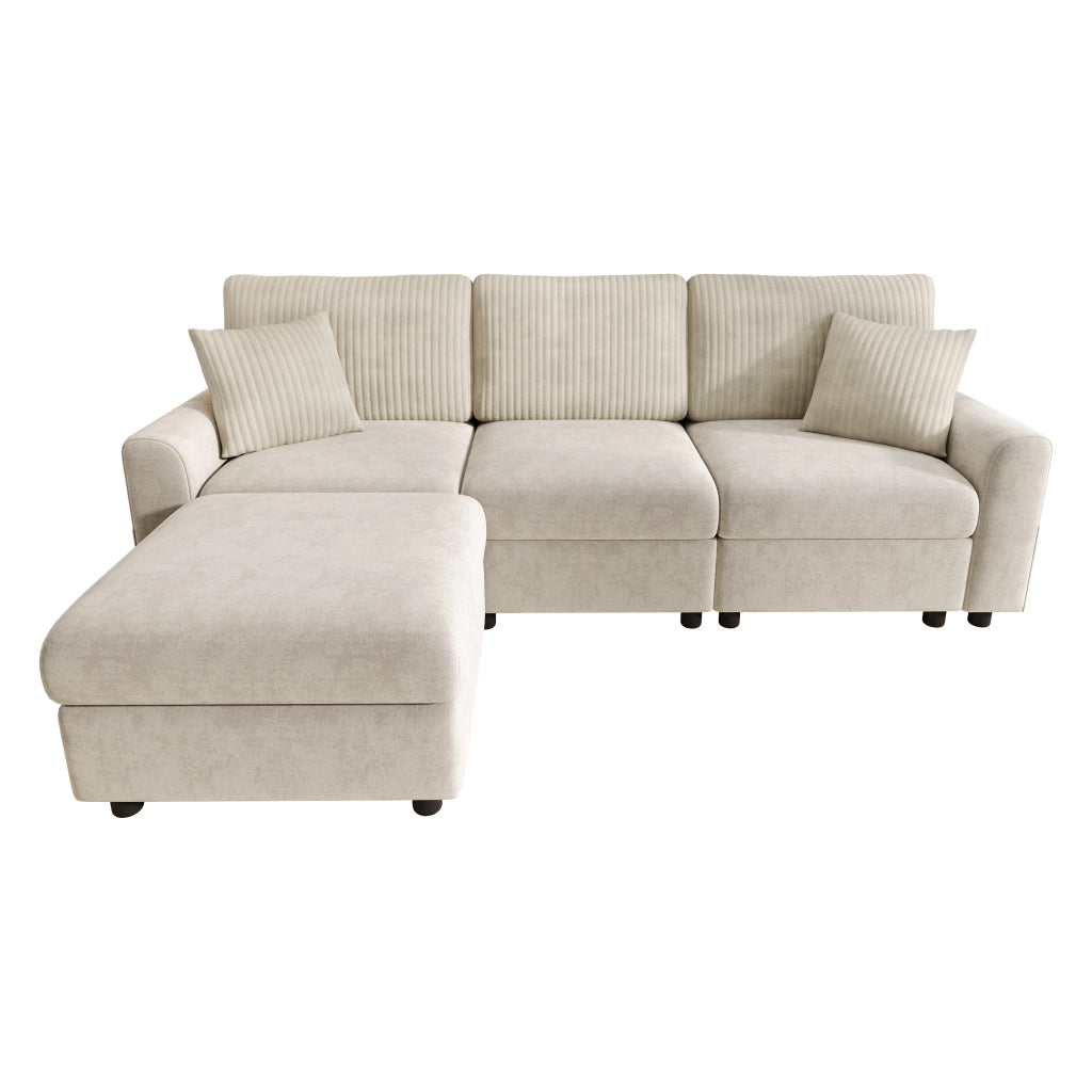 Divano dritto moderno con pouf mobile, porta USB e porta di tipo C, 2 cuscini quadrati, in ciniglia e velluto a coste beige