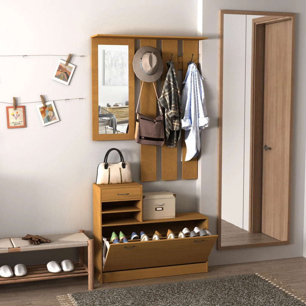 Mobile da Ingresso Moderno con Specchio Appendiabiti 6 Ganci e Scarpiera in Legno Salvaspazio per Corridoio 90x24x166 cm