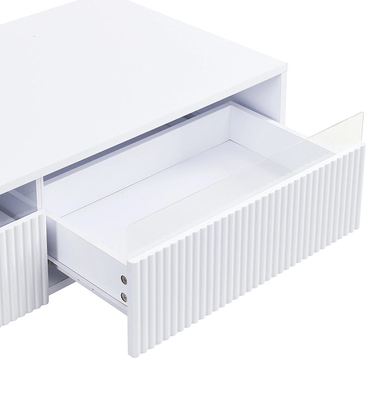 Tavolino da salotto moderno con illuminazione LED colorata, doppio cassetto e gambe in legno bianco e oro 110x50x40 cm
