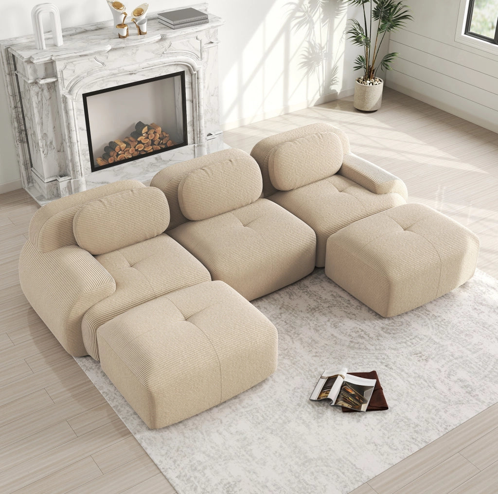 Divano angolare modulare beige in velluto a coste; senza montaggio; con imbottitura 32D HOMVRA