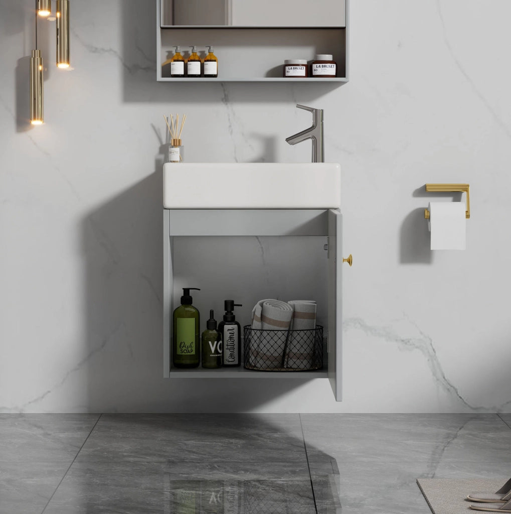 Mobile bagno 62x54x26 cm con lavabo in ceramica e mobile in MDF grigio e bianco