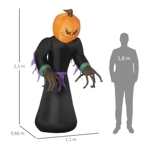 Fantasma gonfiabile con zucca 210 cm in poliestere nero e arancione con LED per Halloween interno ed esterno