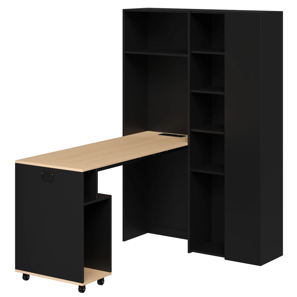 Scrivania pieghevole multifunzionale con ripiani e prese USB - per studio - nero rovere