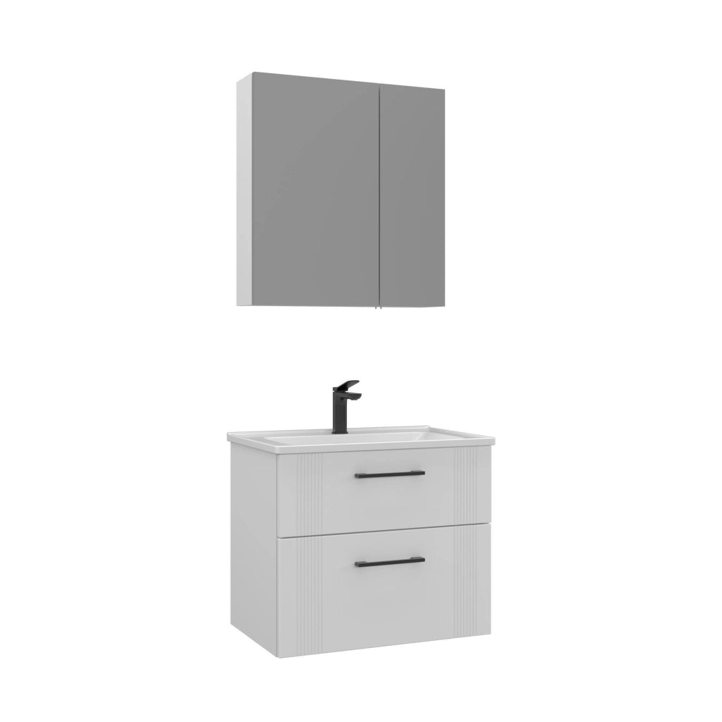 Set mobile lavabo con specchio (2 pezzi) "Bari 65 v2" - 65 x 45 x 55 cm - Bianco opaco
