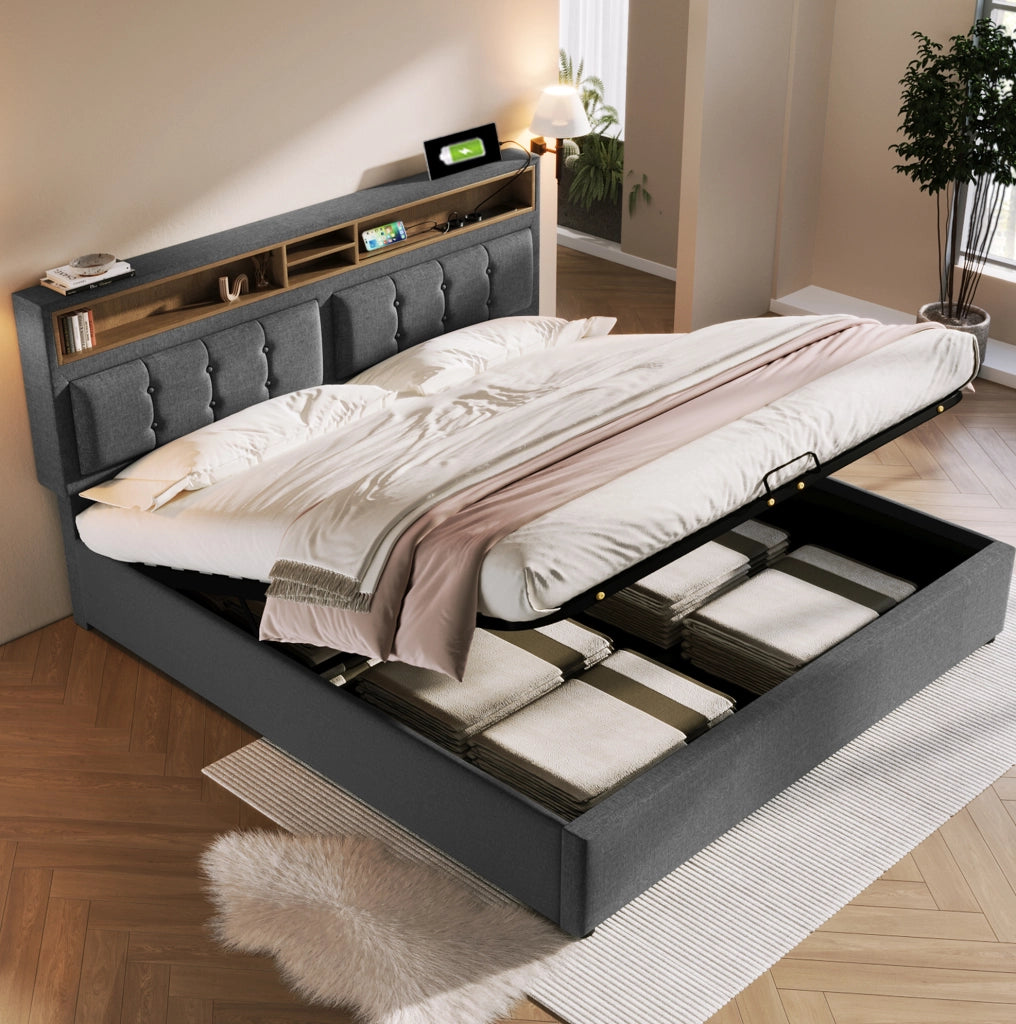 Letto imbottito 160 x 200 cm grigio con contenitore, prese e USB-C