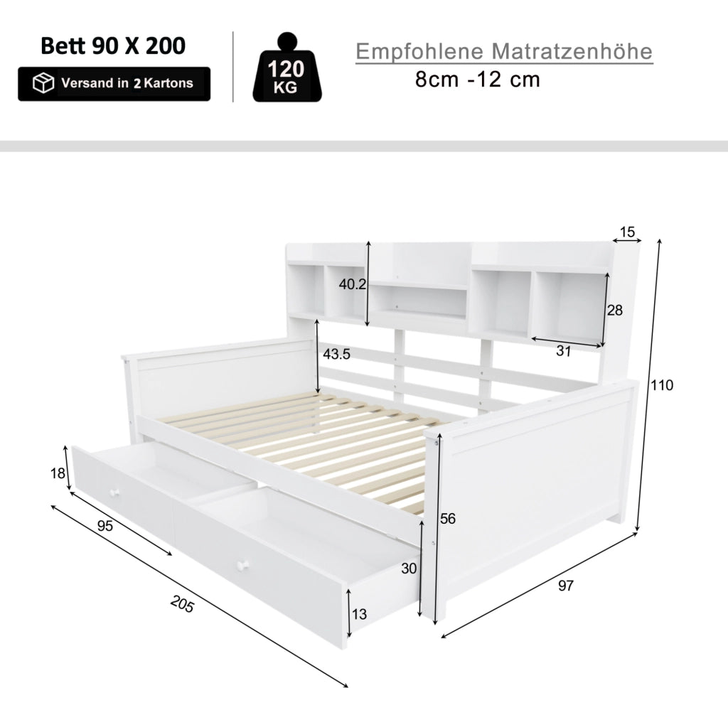 Letto singolo multifunzione 90x200 cm in legno massello bianco con cassetti e scaffali integrati