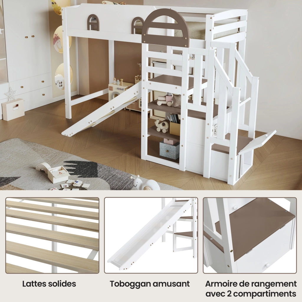 Letto a castello per bambini 90 × 200 cm 2 posti con scivolo, scala con 2 vani e finestre, senza materasso, bianco