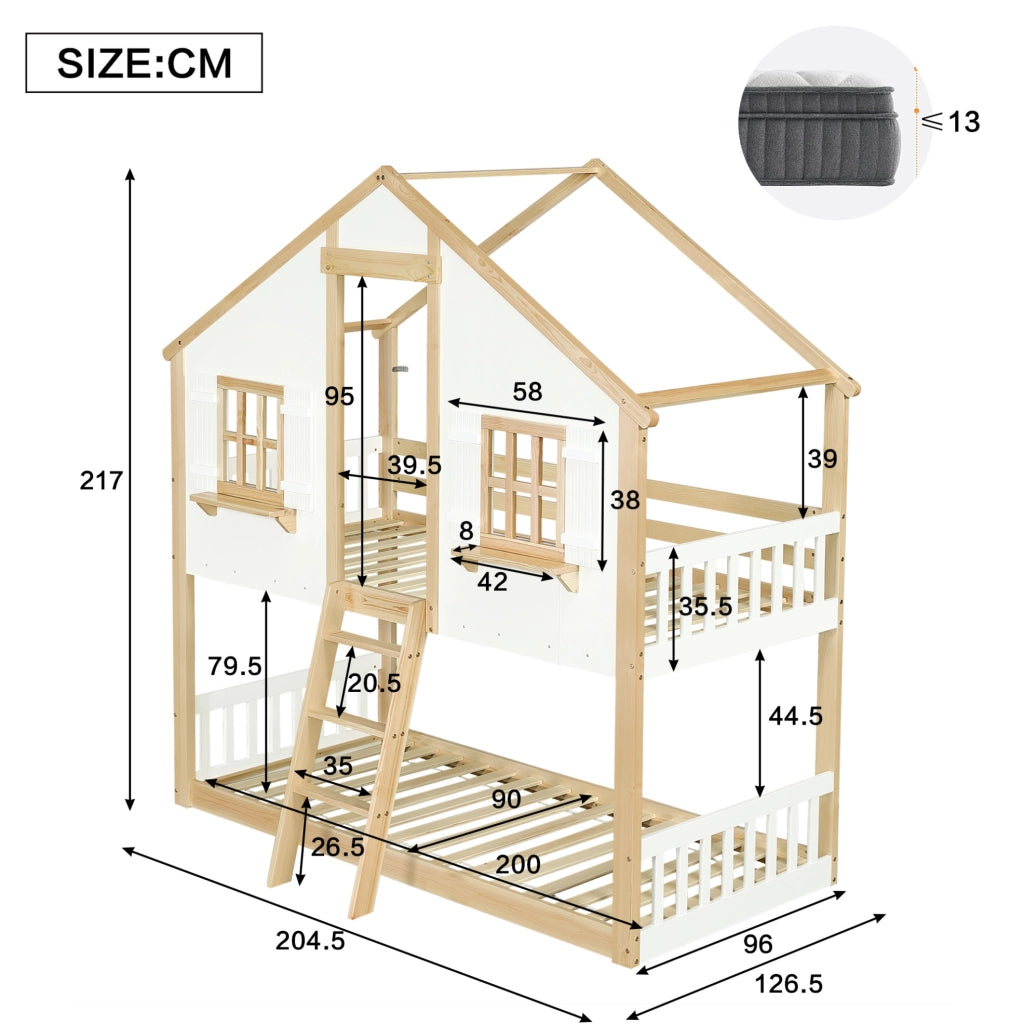 Letto a castello per bambini 90x200 cm bianco naturale con tetto, finestre e scala