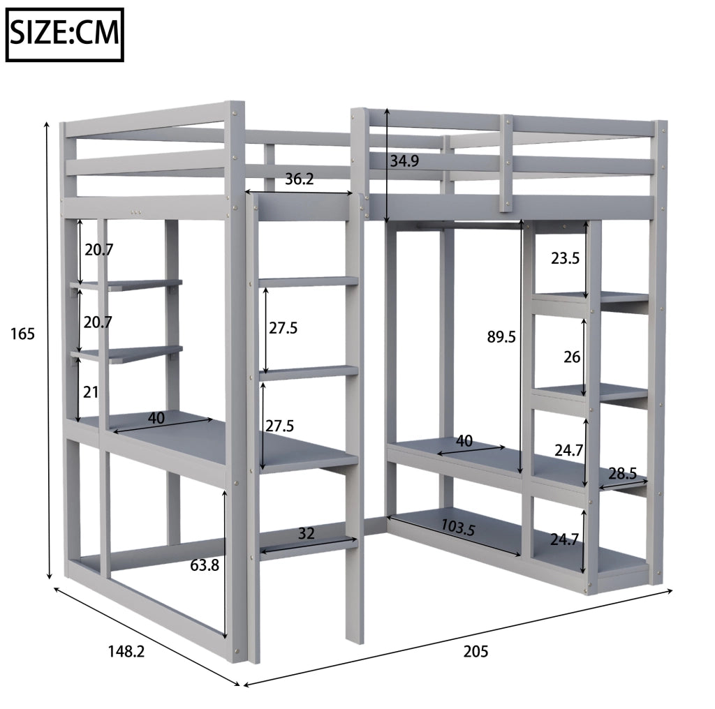 Letto a soppalco multifunzione con scrivania e spazio contenitivo