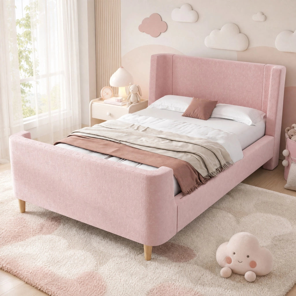 Letto singolo 90 × 200 cm con testiera imbottita e motivo spaziale rivestito in velluto rosa con rete a doghe