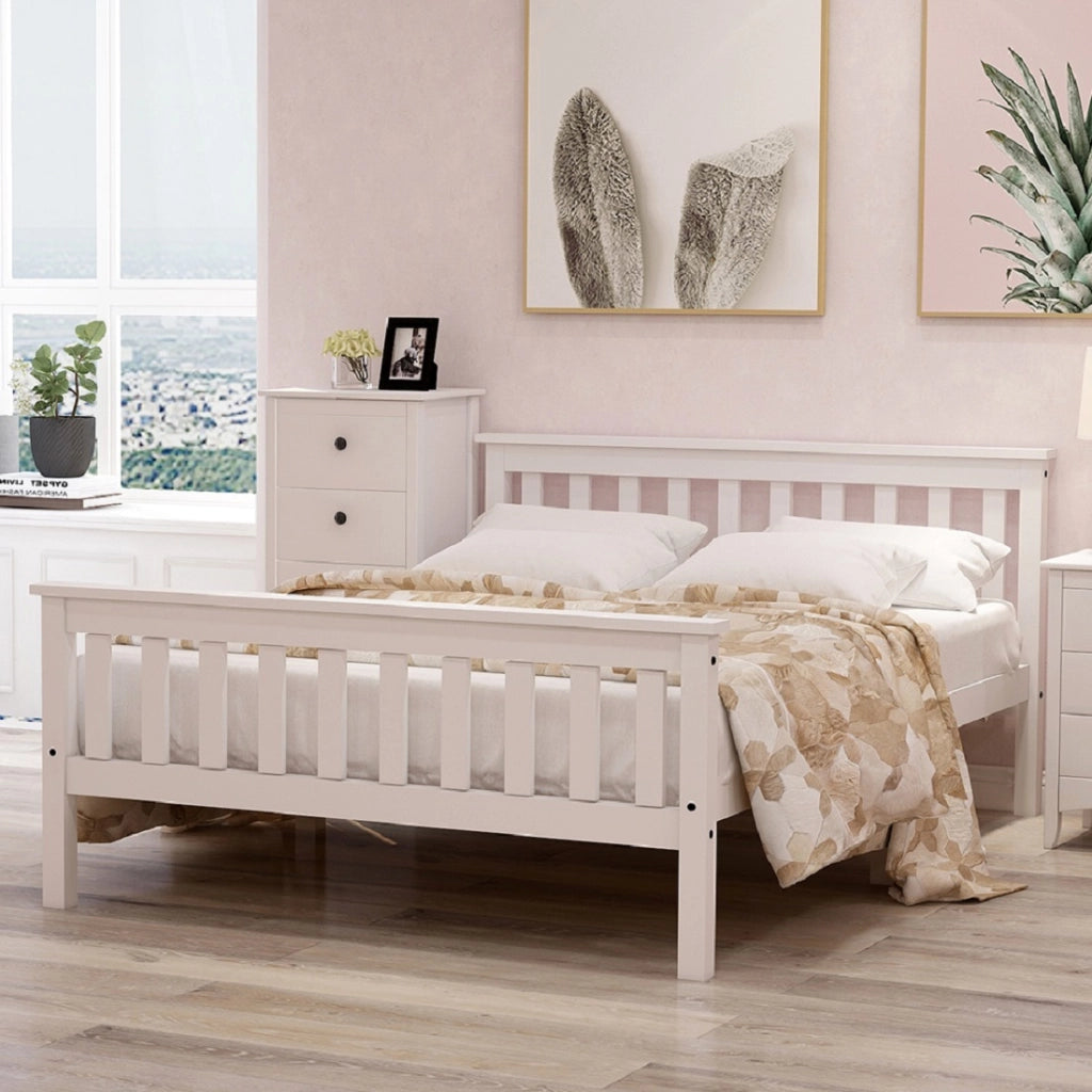Letto matrimoniale 140 × 200 cm con rete a doghe in legno di pino bianco e supporti centrali