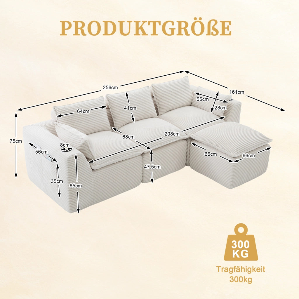 Divano modulare 3 posti - con cuscini e tasche laterali - in corduroy beige