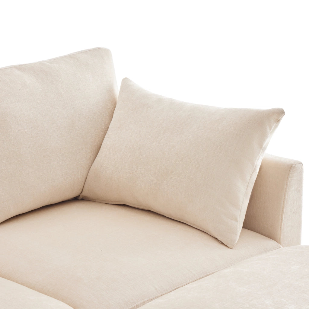 Divano modulare 278x161 cm in ciniglia beige con 2 pouf e 6 cuscini
