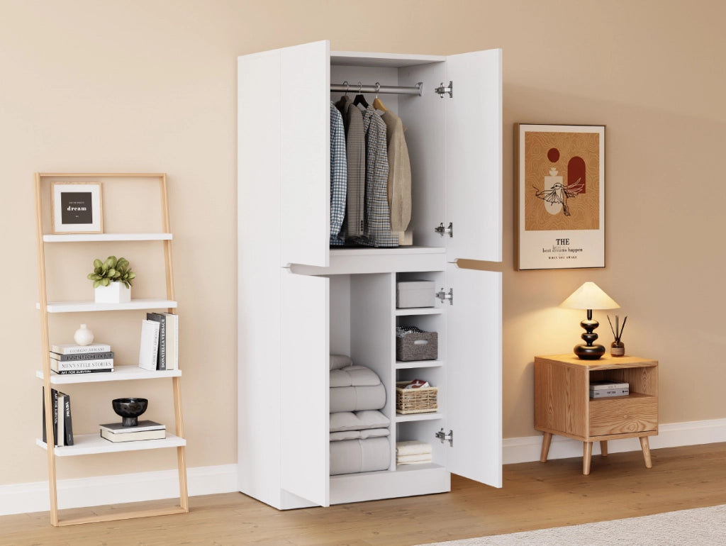Armadio Bianco 70x40x170 cm con Doppi Ante, Ripiani e Staufach Laterale