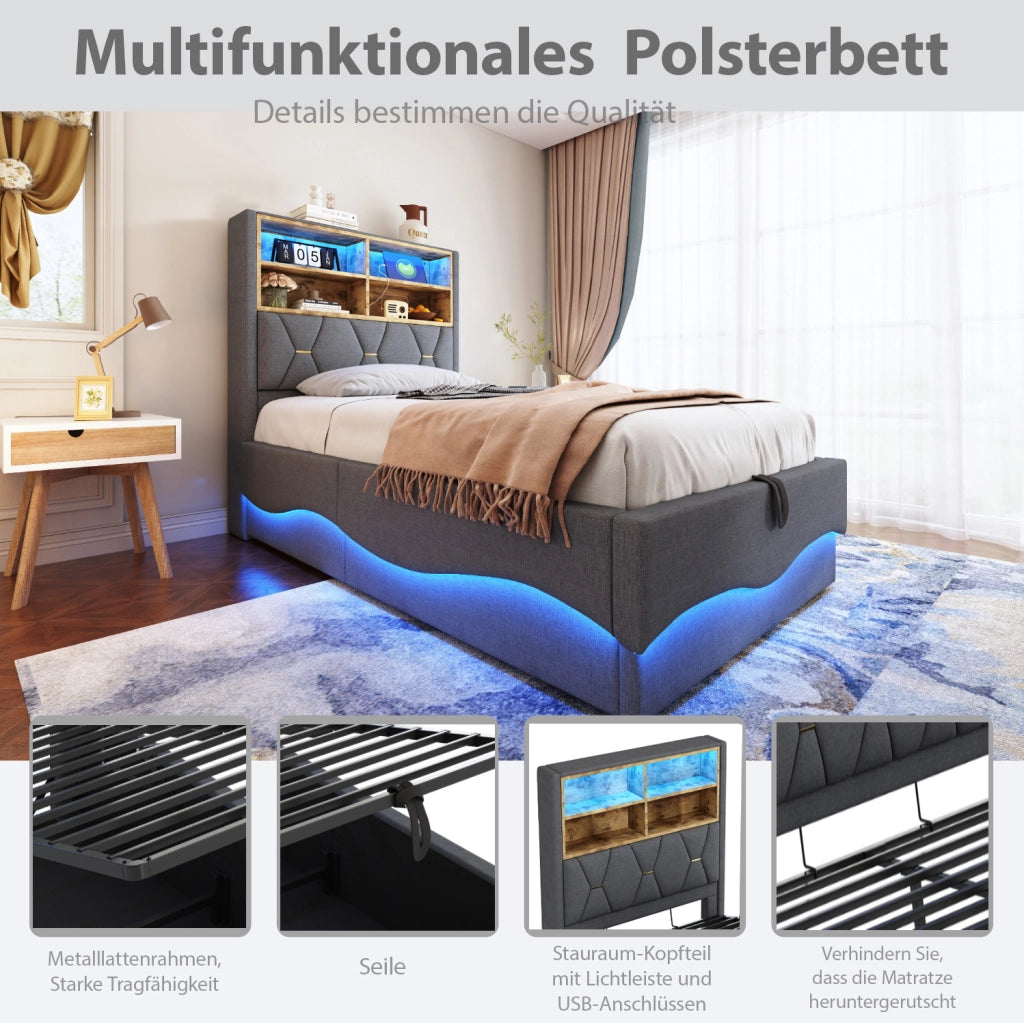 Letto per bambini e ragazzi 90x200 cm con LED, USB e contenitore, grigio in lino