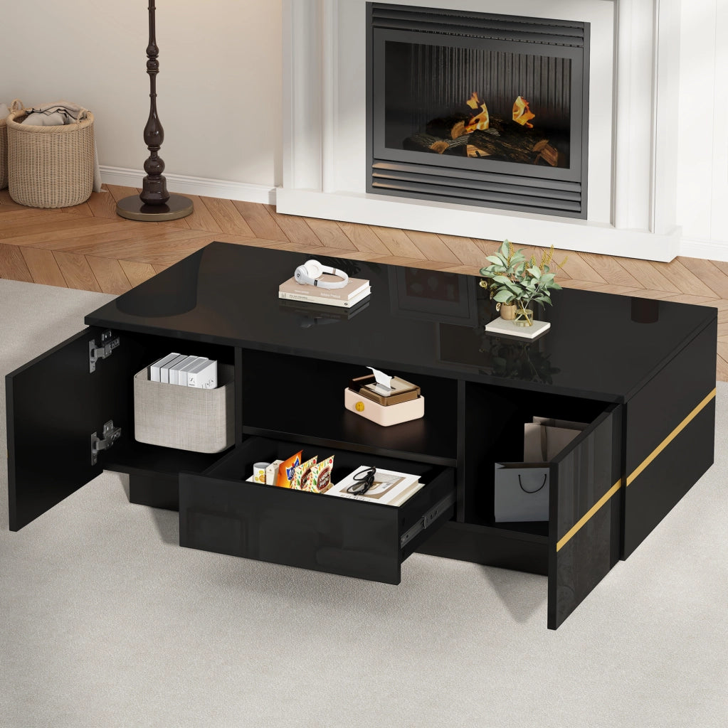 Tavolino da caffè moderno in MDF nero con LED, 100x50x35,5 cm, 2 ante, 1 cassetto, finiture dorate