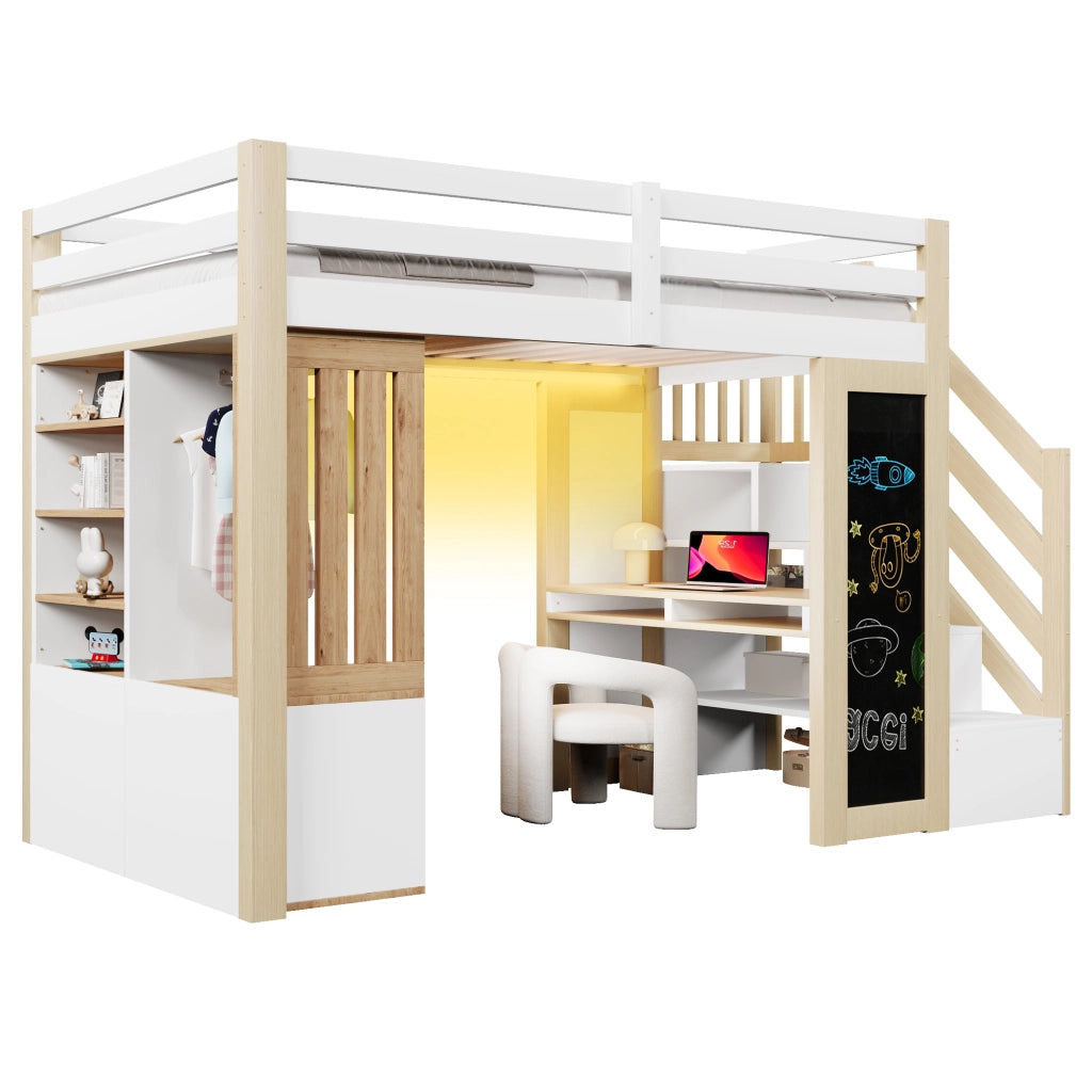 Letto a soppalco 90 × 200 cm con scrivania armadio scaffali scala contenitore lavagna LED bianco naturale
