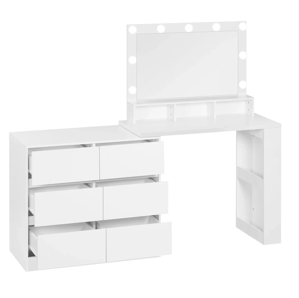 Toeletta bianca 160 x 40 x 134,5 cm con LED regolabile e 6 cassetti