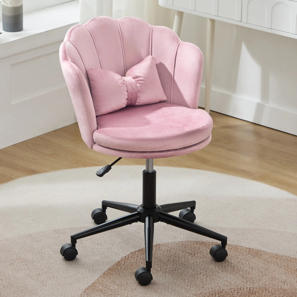 Sedia da scrivania girevole regolabile 55x62x73-83 cm in velluto rosa con cuscino lombare