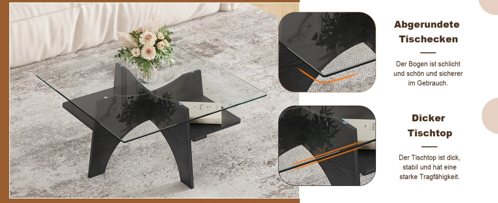 Tavolino quadrato moderno in vetro temperato con struttura in MDF effetto legno nero 80x40 cm