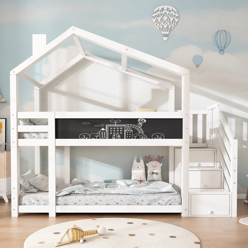 Letto per bambini 90 x 200 cm; letto a castello con camino; contenitore; protezione anticaduta; bianco; pannello e 2 reti a doghe inclusi; bianco