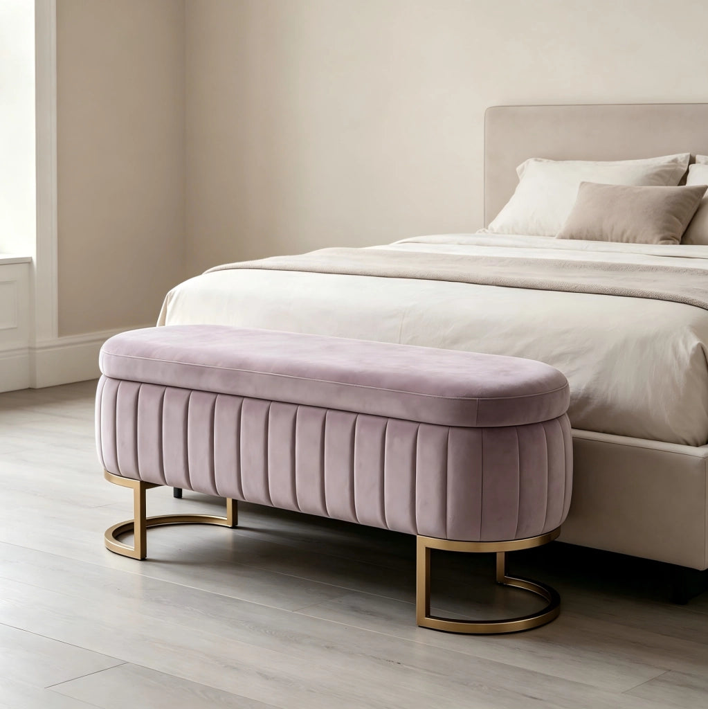 Panca contenitore in velluto rosa 130 cm con piedi dorati