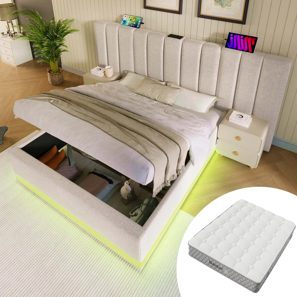 Letto matrimoniale 180x200 cm in lino beige con LED, contenitore e materasso