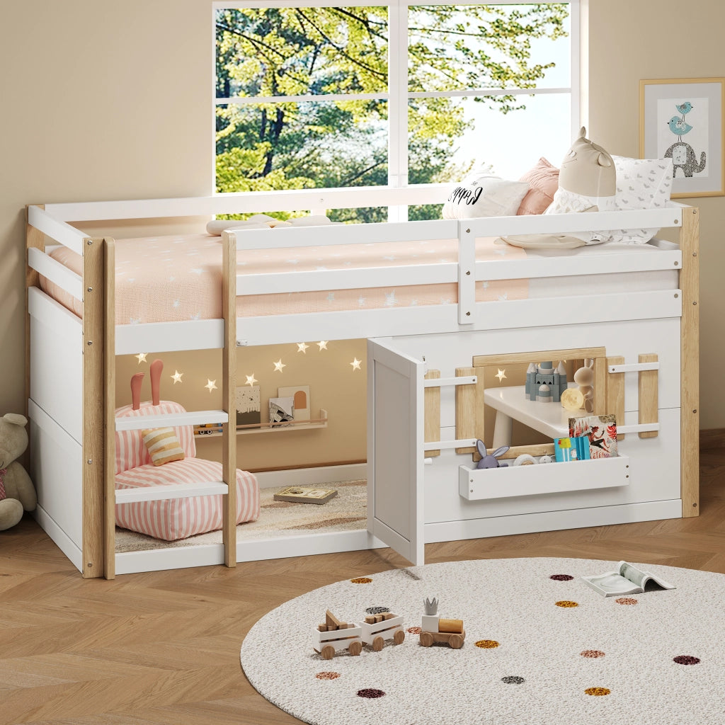 Letto a soppalco per bambini 90x200 cm con scaletta e zona gioco; in legno massello e MDF; bianco per cameretta