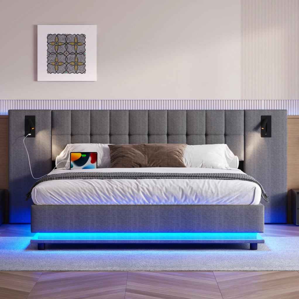 Letto imbottito 180x200 cm in lino grigio con striscia LED, testiera con spot e porta USB, senza materasso