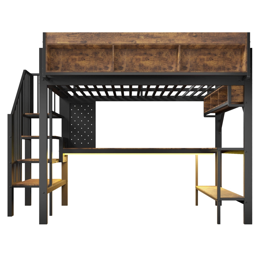 Letto a soppalco 140x200 cm con scrivania angolare, LED e prese USB-C marrone vintage e nero