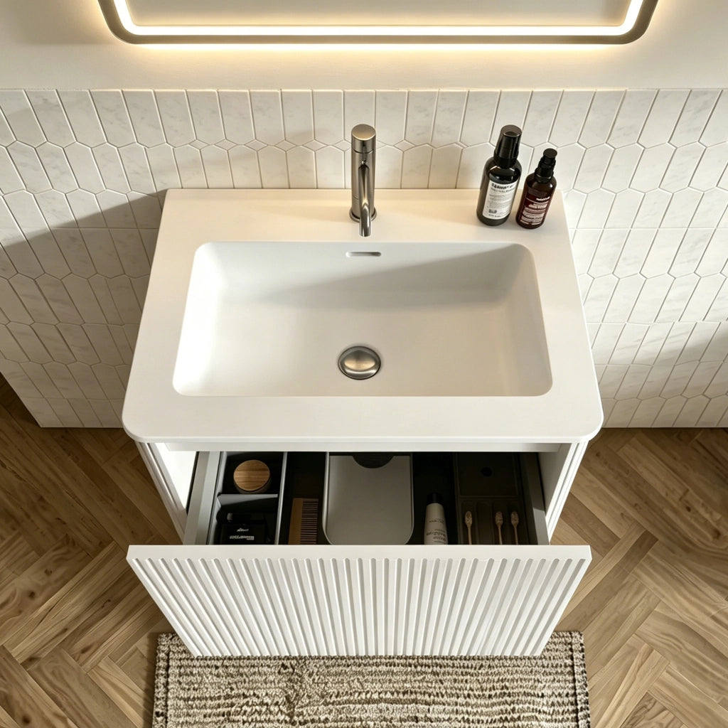 MOBILE BAGNO Set con Specchio LED, Lavabo e Colonna Bianco