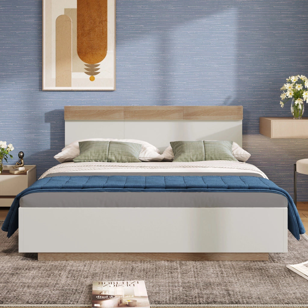 Letto matrimoniale 180 × 200 cm sospeso con testiera e rete a doghe in legno bianco e rovere Sonoma