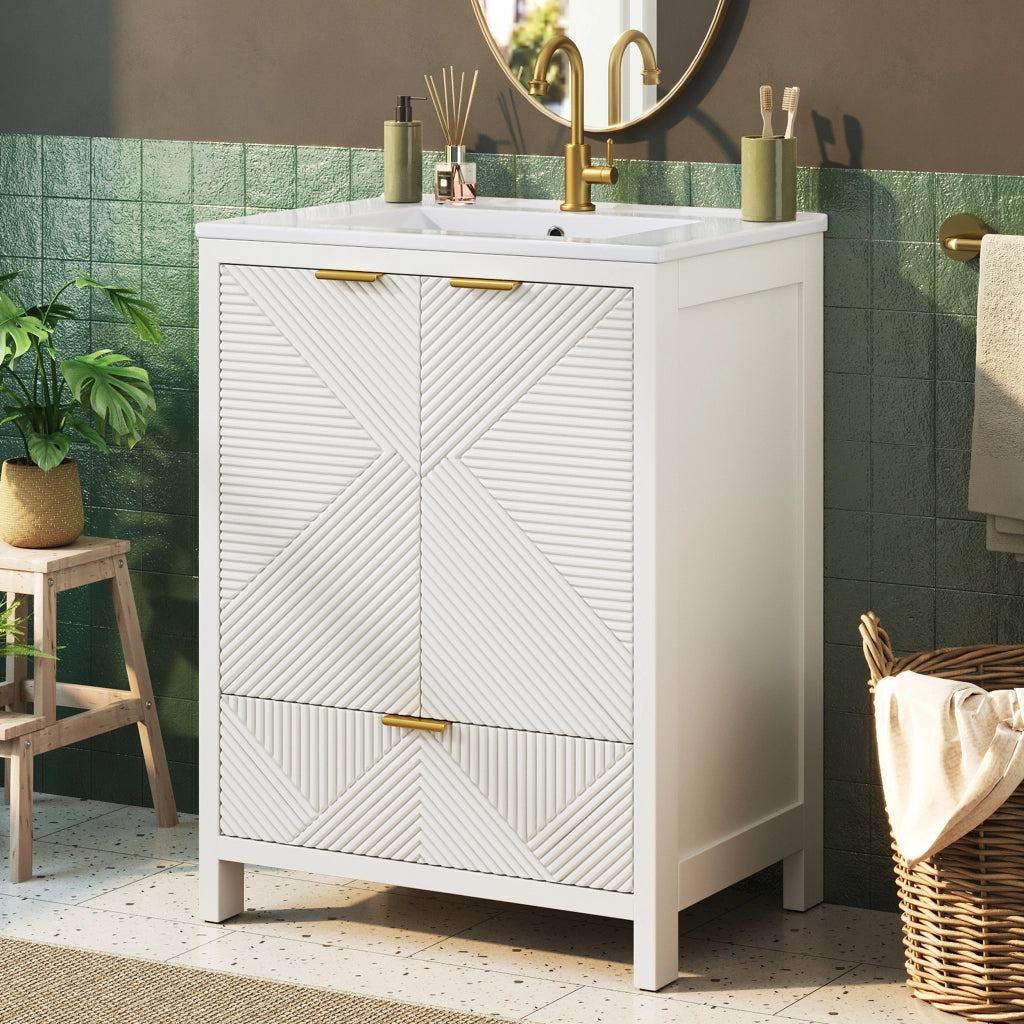 Mobile sottolavabo con lavabo in ceramica, 2 ante ammortizzate, cassetto e ripiani, per bagno, bianco, 61 × 47 × 87 cm