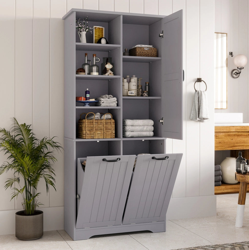Mobile da bagno 78 x 35 x 172 cm in MDF con doppio cesto portabiancheria e vani aperti