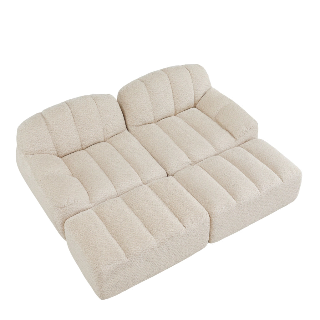 Divano modulare 2 posti con 2 ottomani in pile granulato beige e bianco