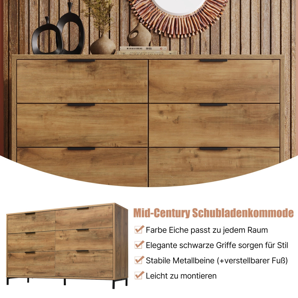 Cassettiera industriale con 6 cassetti e piedini regolabili per camera da letto, rovere scuro, 120 × 40 × 76 cm