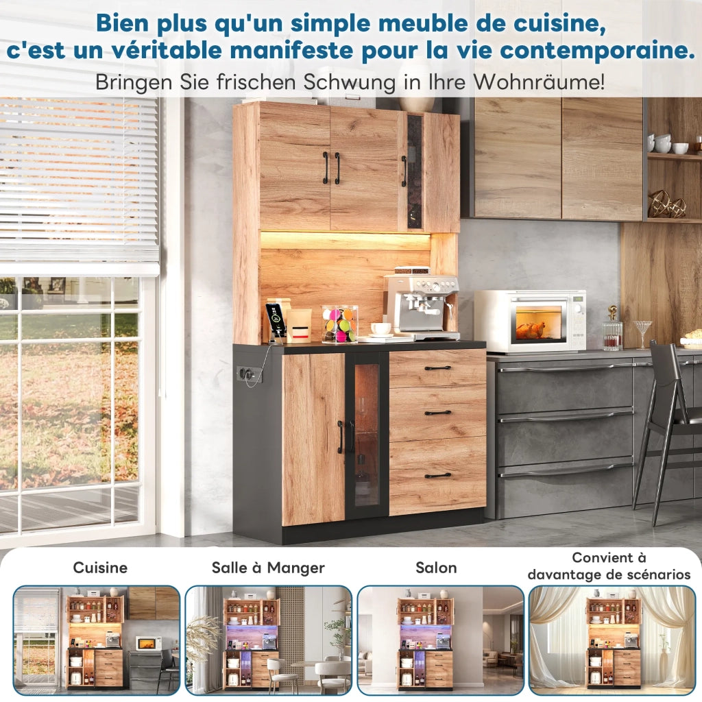 Armadio alto da cucina moderno 105x40x180 cm, nero e effetto legno, con illuminazione LED, ripiani regolabili e presa europea. Per cucina, sala da pranzo, soggiorno