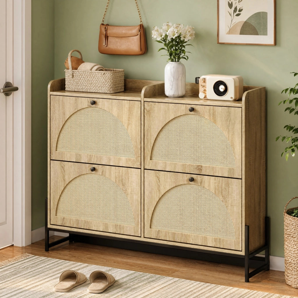 Mobile portascarpe in legno con 4 ante a ribalta, design arrotondato e ripiani salvaspazio