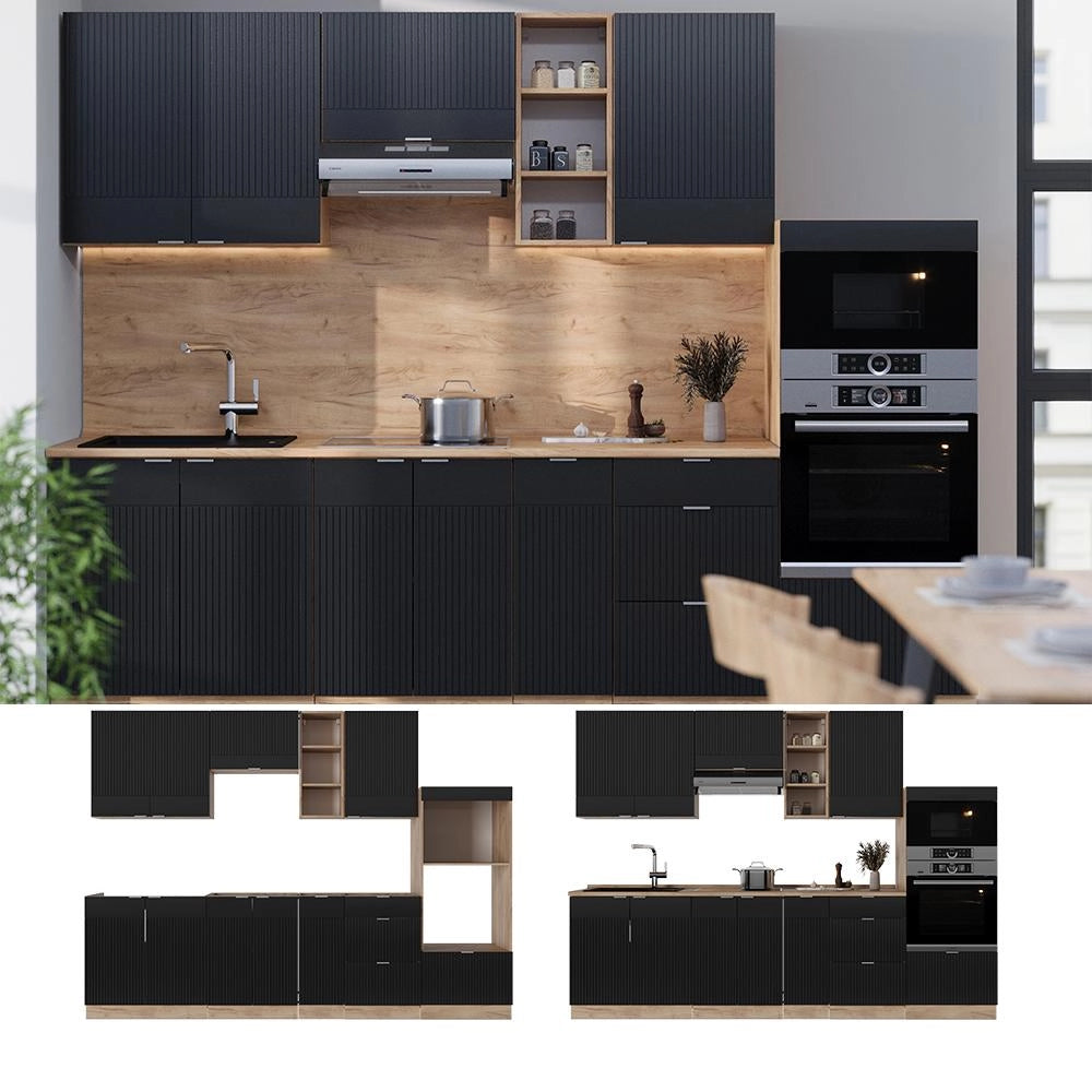 Cucina componibile Fame-Line Nero rigato/Rovere dorato 280 cm, PL Marmo Vicco